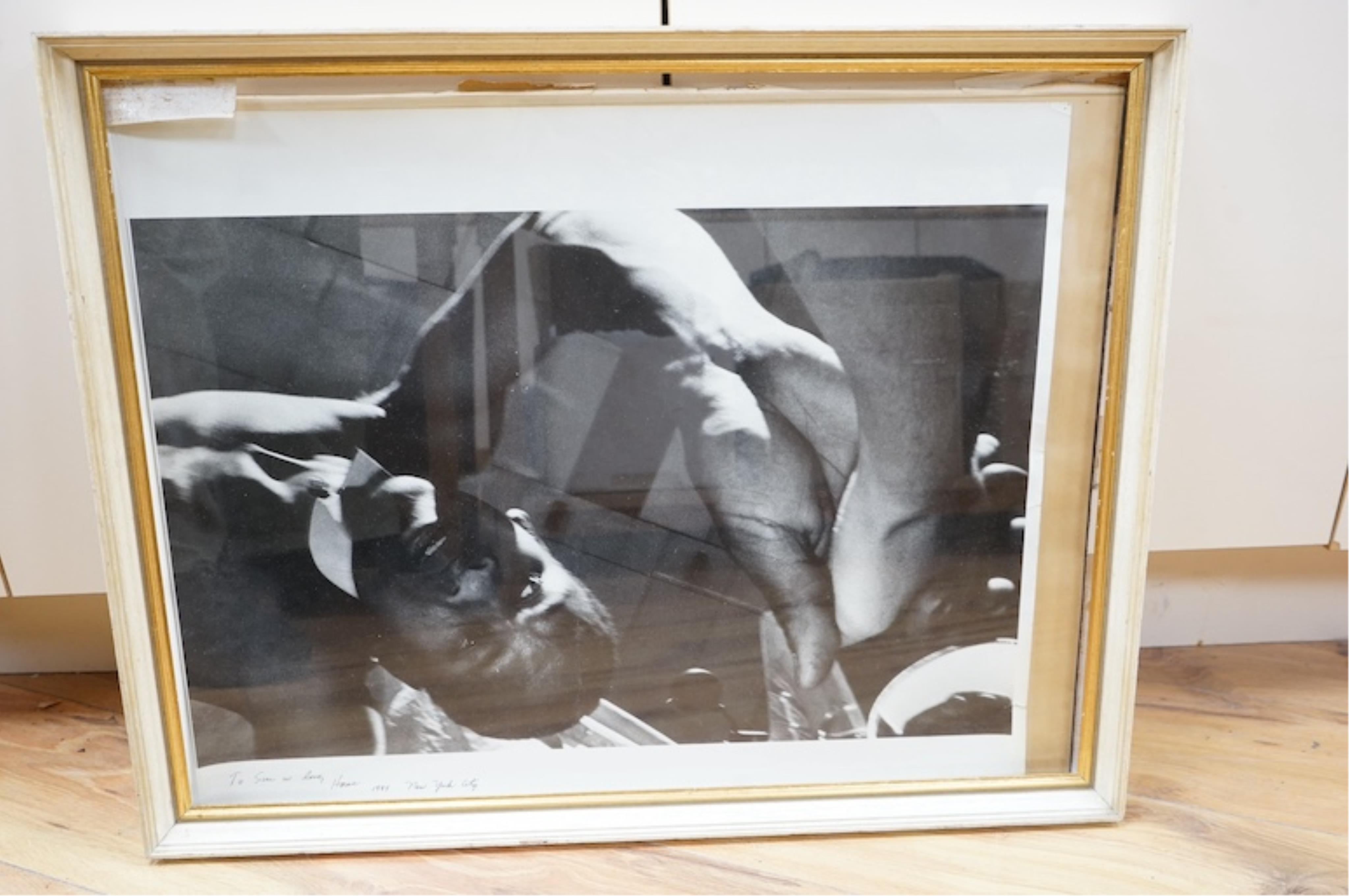 Hope Sandrow, photograph, with pen dedication to the gallery owner Sur Rodney underneath the main image reading; ‘To Sur with love, Hope, 1984 New York City’. Condition - fair, repairs needed to the frame.